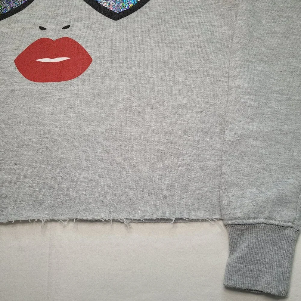 Cropped Sweatshirt Gray Sequin Heart Glasses Lips Sparkle Y2K Athleisure